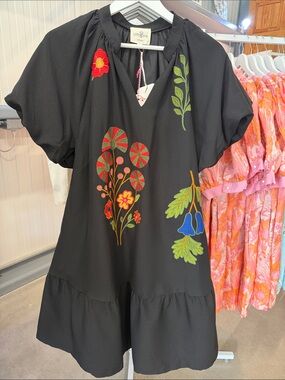 Umgee Black Tunic Dress with Multicolor Floral Embroidery